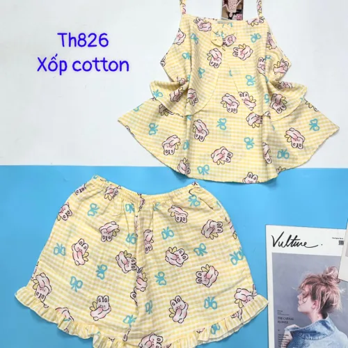 Đồ bộ quần đùi áo hai dây xốp cotton mặc nhà