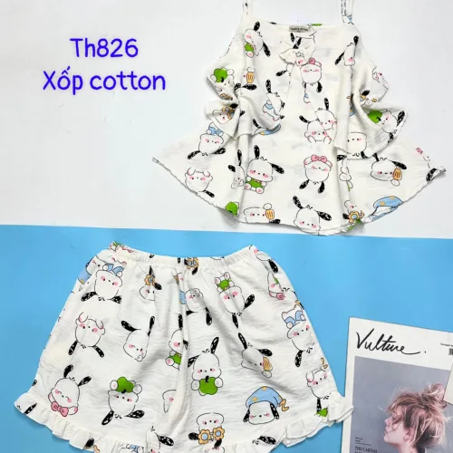 Đồ bộ quần đùi áo hai dây xốp cotton mặc nhà