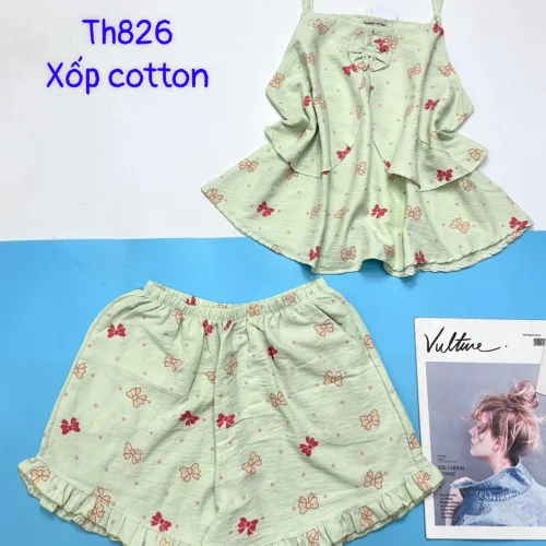 Đồ bộ quần đùi áo hai dây xốp cotton mặc nhà
