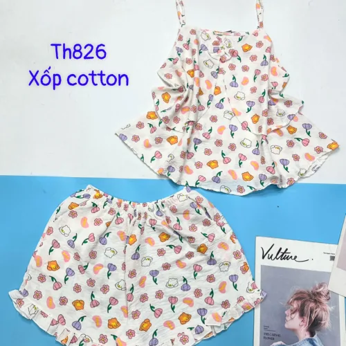 Đồ bộ quần đùi áo hai dây xốp cotton mặc nhà