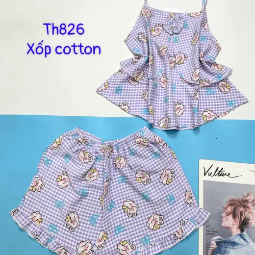 Đồ bộ quần đùi áo hai dây xốp cotton mặc nhà