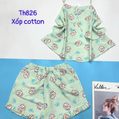 Đồ bộ quần đùi áo hai dây xốp cotton mặc nhà