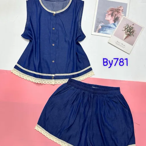 Đồ bộ quần đùi áo sát nách có nút trơn phối ren