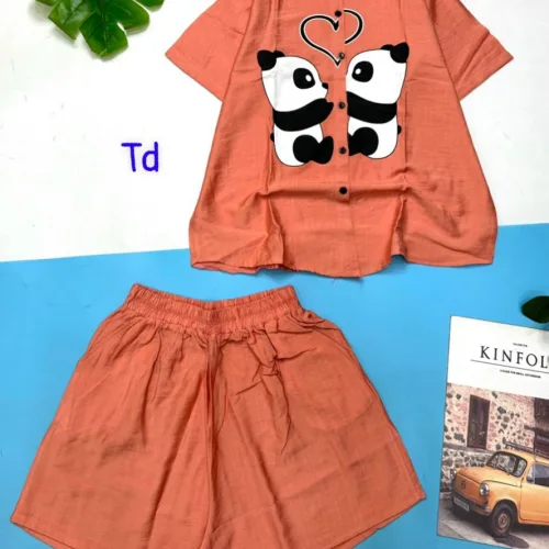 Đồ bộ quần đùi áo sơ mi tay ngắn cổ bẻ hình hai chú gấu