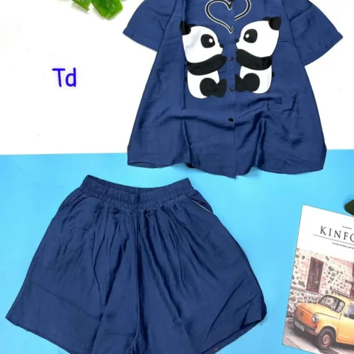 Đồ bộ quần đùi áo sơ mi tay ngắn cổ bẻ hình hai chú gấu