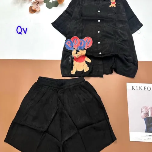 Đồ bộ quần đùi áo sơ mi tay ngắn cổ bẻ in hình gấu