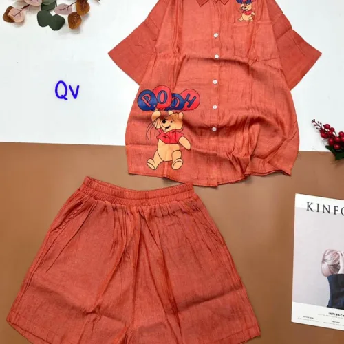 Đồ bộ quần đùi áo sơ mi tay ngắn cổ bẻ in hình gấu
