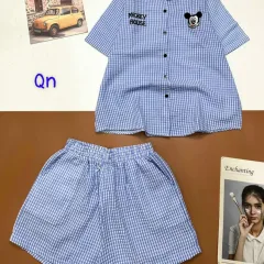 Đồ bộ quần đùi áo sơ mi tay ngắn cổ bẻ in hình mickey
