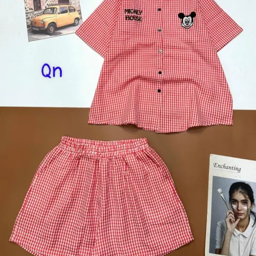 Đồ bộ quần đùi áo sơ mi tay ngắn cổ bẻ in hình mickey