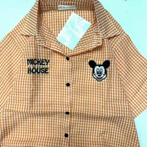 Đồ bộ quần đùi áo sơ mi tay ngắn cổ bẻ in hình mickey