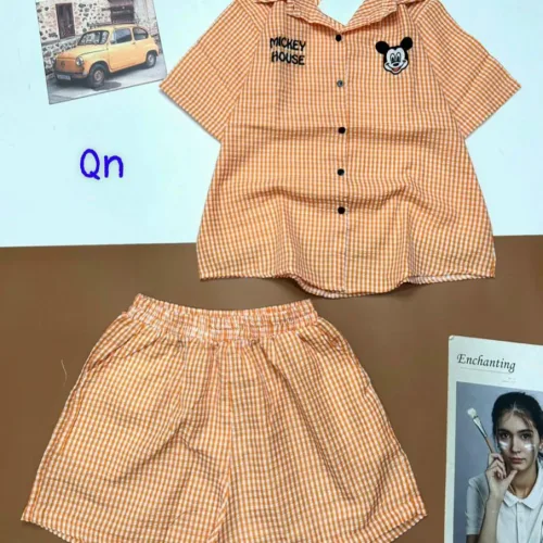 Đồ bộ quần đùi áo sơ mi tay ngắn cổ bẻ in hình mickey