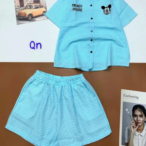 Đồ bộ quần đùi áo sơ mi tay ngắn cổ bẻ in hình mickey