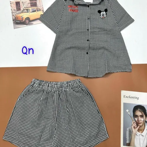 Đồ bộ quần đùi áo sơ mi tay ngắn cổ bẻ in hình mickey