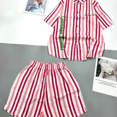 Đồ bộ quần đùi áo sơ mi tay ngắn cổ bẻ sọc chữ