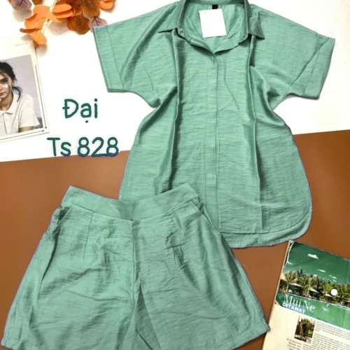 Đồ bộ quần đùi áo sơ mi tay ngắn cổ bẻ trơn