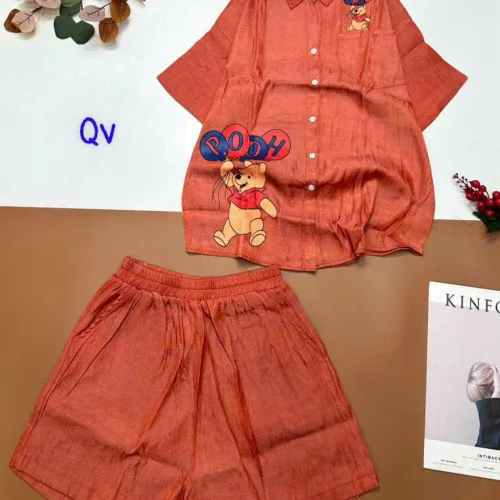 Đồ bộ quần đùi áo sơ mi tay ngắn in hình gấu Pooh