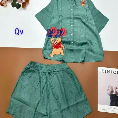 Đồ bộ quần đùi áo sơ mi tay ngắn in hình gấu Pooh