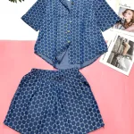 Đồ bộ quần đùi áo sơ mi tay ngắn jean in