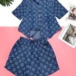 Đồ bộ quần đùi áo sơ mi tay ngắn jean in