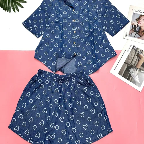 Đồ bộ quần đùi áo sơ mi tay ngắn jean in