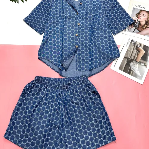 Đồ bộ quần đùi áo sơ mi tay ngắn jean in