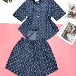 Đồ bộ quần đùi áo sơ mi tay ngắn jean in