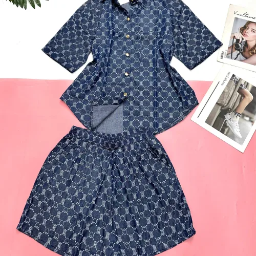 Đồ bộ quần đùi áo sơ mi tay ngắn jean in