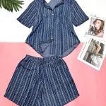 Đồ bộ quần đùi áo sơ mi tay ngắn jean in
