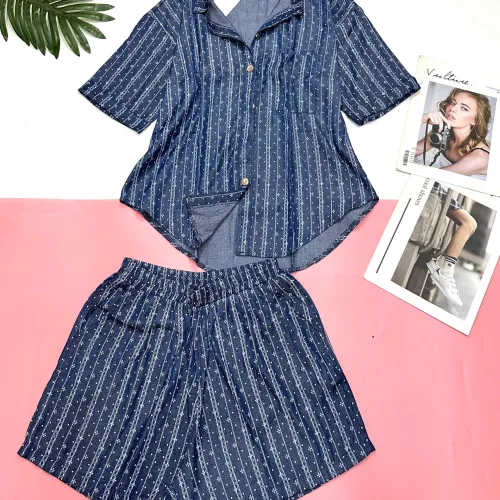 Đồ bộ quần đùi áo sơ mi tay ngắn jean in