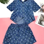 Đồ bộ quần đùi áo sơ mi tay ngắn jean in