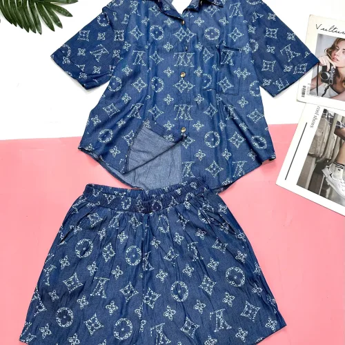Đồ bộ quần đùi áo sơ mi tay ngắn jean in
