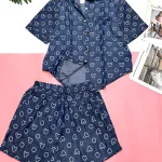 Đồ bộ quần đùi áo sơ mi tay ngắn jean in