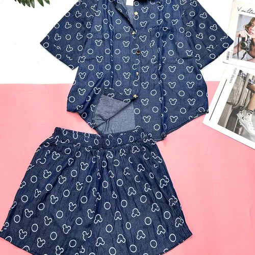Đồ bộ quần đùi áo sơ mi tay ngắn jean in