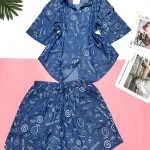 Đồ bộ quần đùi áo sơ mi tay ngắn jean in