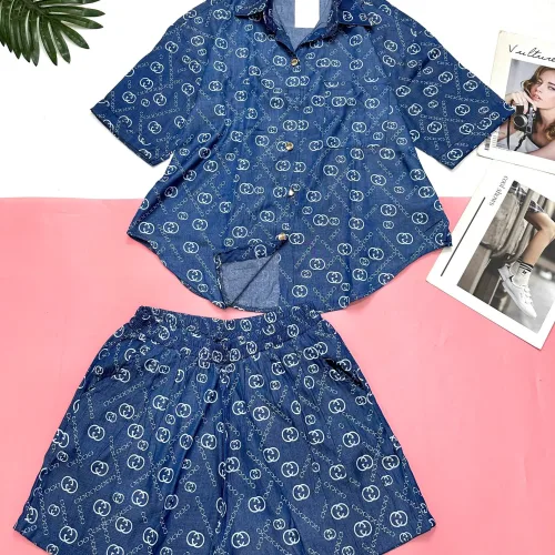 Đồ bộ quần đùi áo sơ mi tay ngắn jean in