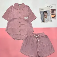 Đồ bộ quần đùi áo sơ mi tay ngắn jean in nơ trước túi áo