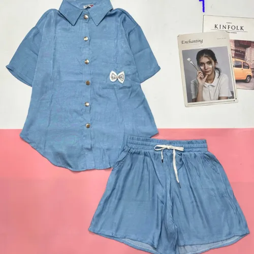 Đồ bộ quần đùi áo sơ mi tay ngắn jean in nơ trước túi áo
