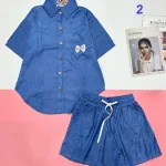 Đồ bộ quần đùi áo sơ mi tay ngắn jean in nơ trước túi áo