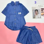 Đồ bộ quần đùi áo sơ mi tay ngắn jean in nơ trước túi áo