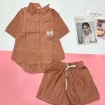 Đồ bộ quần đùi áo sơ mi tay ngắn jean in nơ trước túi áo