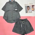 Đồ bộ quần đùi áo sơ mi tay ngắn jean in nơ trước túi áo