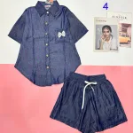 Đồ bộ quần đùi áo sơ mi tay ngắn jean in nơ trước túi áo