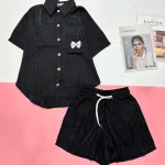 Đồ bộ quần đùi áo sơ mi tay ngắn jean in nơ trước túi áo