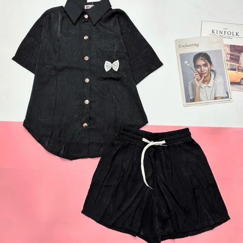 Đồ bộ quần đùi áo sơ mi tay ngắn jean in nơ trước túi áo