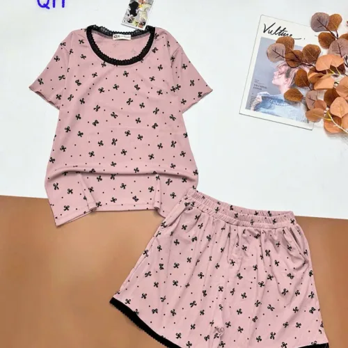 Đồ bộ quần đùi  áo tay ngắn gân xin in nhiều nơ nhỏ