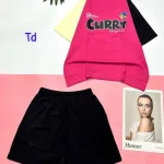 Đồ bộ quần đùi áo tay ngắn in chữ CURRY quần cùng màu tay áo phải