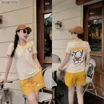 Đồ bộ quần đùi áo tay ngắn in chữ Dance gấu hình gấu nghe nhạc