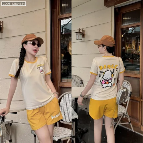 Đồ bộ quần đùi áo tay ngắn in chữ Dance gấu hình gấu nghe nhạc