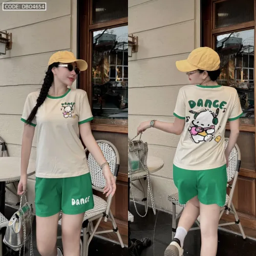 Đồ bộ quần đùi áo tay ngắn in chữ Dance gấu hình gấu nghe nhạc
