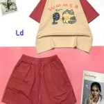 Đồ bộ quần đùi áo tay ngắn in chữ SUMMER có chú mèo quạt
